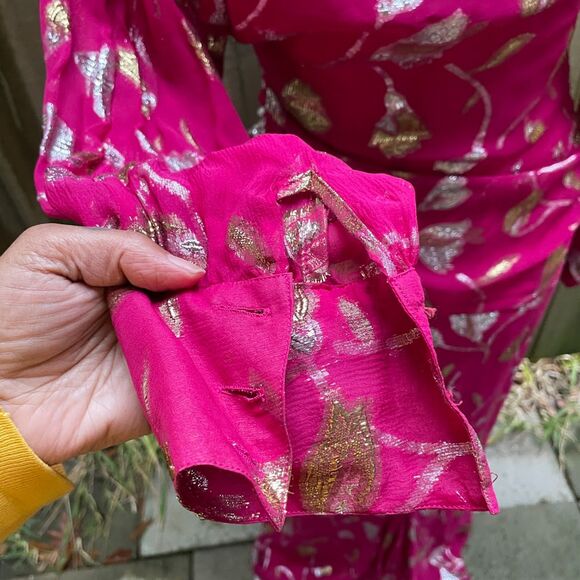 Vintage 80s THE SILK FARM Dolman Long Dress Fuchsia Chiffon Gold Silver Lame S - Picture 11 of 12